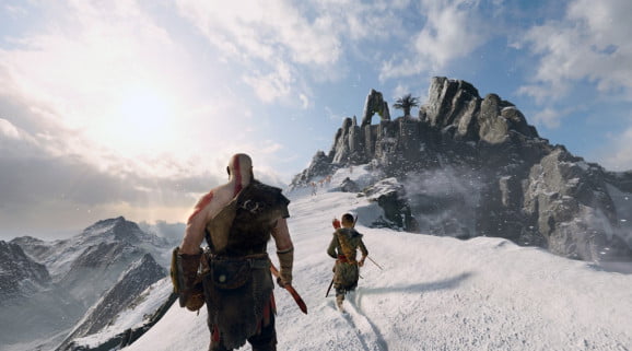 Approaching the mountaintop in God of War.