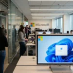 Microsoft Releases Second Emergency Windows 11 Update to Fix Outlook Crashes photo of a Microsoft office environment, featuring the Microsoft logo prominently displayed on a screen showing the Windows 11 update