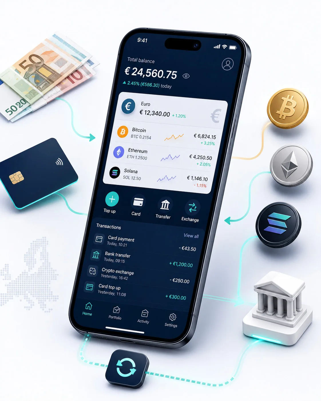 Mobile banking app showing euro and crypto balances, transactions, and transfer options