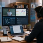 Student attending an online class at a desk with multiple screens and a webcam