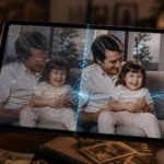 A tablet shows an old faded family photo being restored to a clear image of a father and daughter