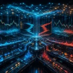 Futuristic data dashboard with blue and orange network graphs and central analytics hub
