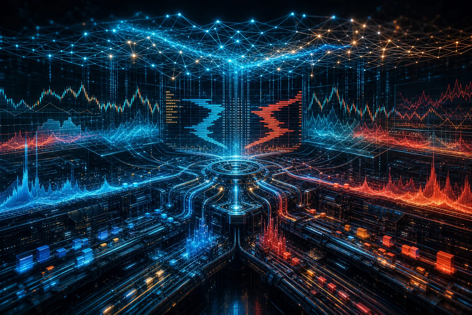 Futuristic data dashboard with blue and orange network graphs and central analytics hub