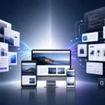 Web design and development ecosystem connecting responsive devices, code, e-commerce, cloud storage, and servers