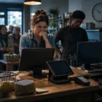 Concerned cashier stands at a checkout counter while customers wait and coworkers inspect the point-of-sale equipment