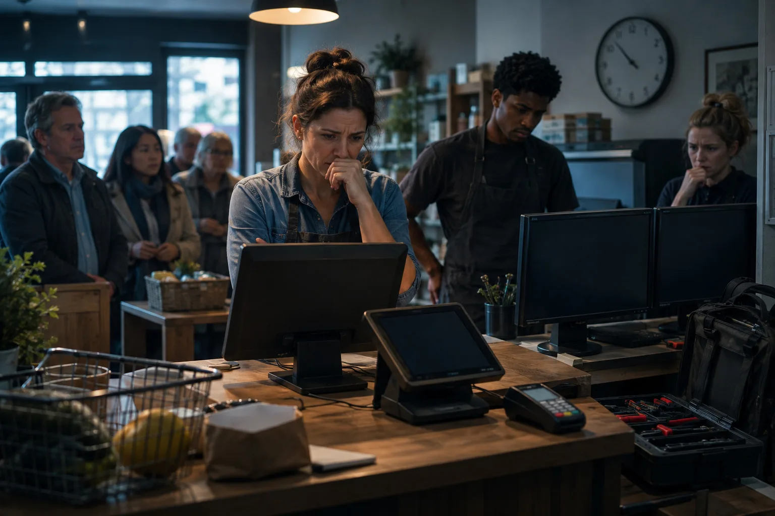 Concerned cashier stands at a checkout counter while customers wait and coworkers inspect the point-of-sale equipment