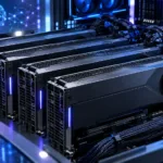 Four high-performance graphics cards installed in a server rack with bundled cables and blue lighting