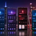 Four smartphones display colorful privacy and quick-settings interfaces, with a stylus beside them and a blurred city skyline behind